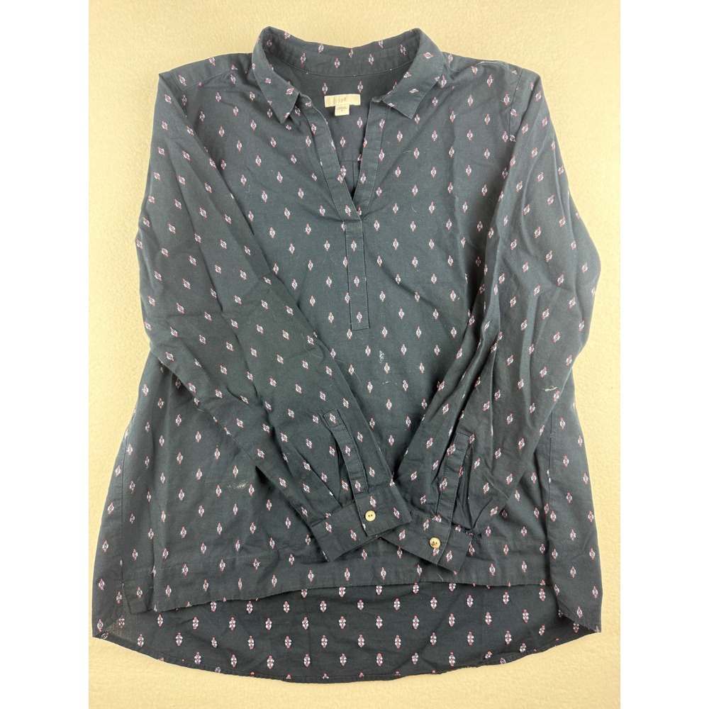 J. Jill Navy Blue Diamond Print Cotton Split Neck Tunic Blouse Womens Medium